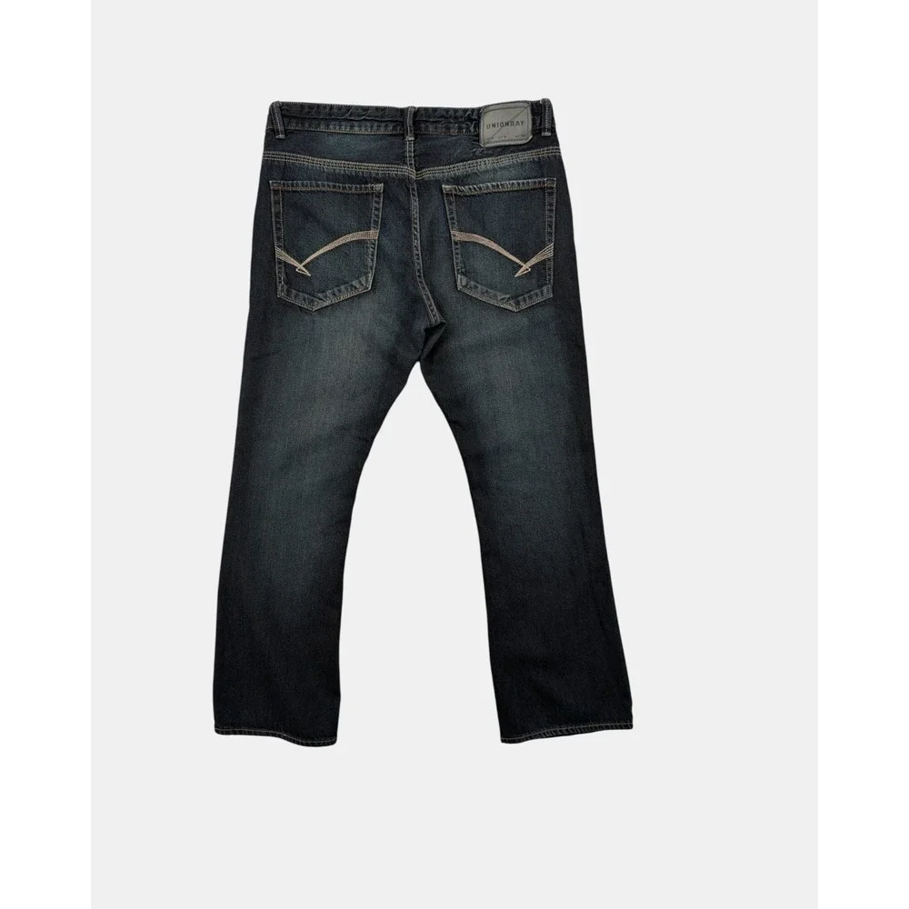 Y2K Unionbay Mens 36x32 Bootcut Jeans Dark Wash Faded Embroidered Pockets